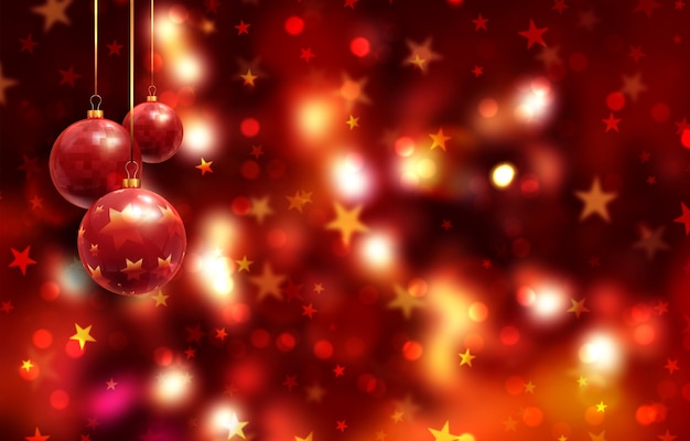 Weihnachten Hintergrund mit hängenden Kugeln auf Bokeh Lichtern und Sternen