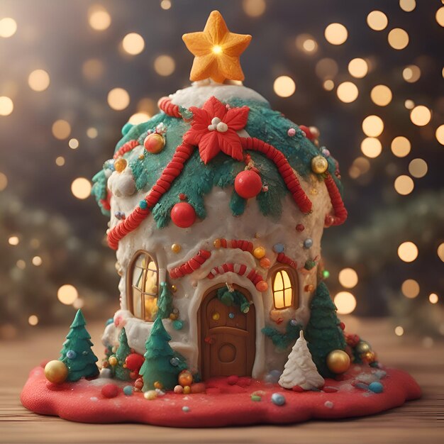 Weihnachtliches Lebkuchenhaus auf Holztisch vor defokussiertem Licht. Festliche Dekoration