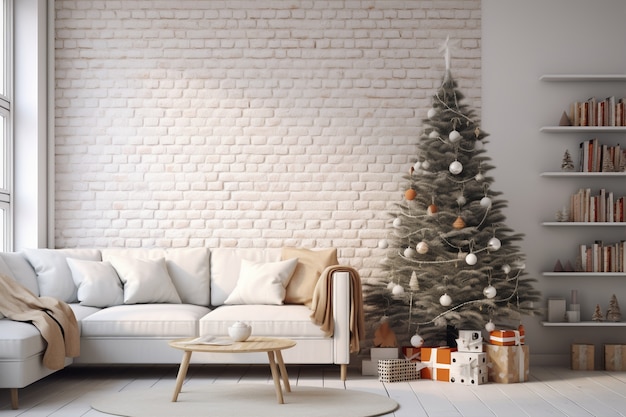 Weihnachtsbaum und Couch im Wohnzimmer