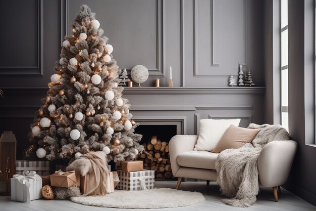 Weihnachtsbaum und Couch im Wohnzimmer