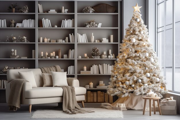 Weihnachtsbaum und Couch im Wohnzimmer