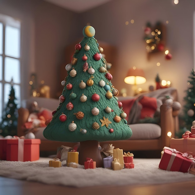 Weihnachtsbaum und Geschenke im Wohnzimmer zu Hause Winterurlaubskonzept