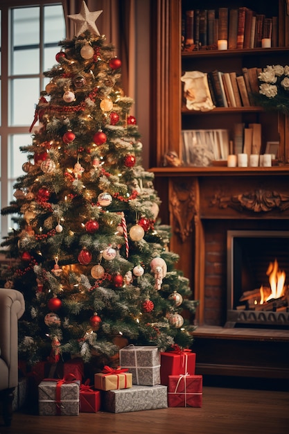 Weihnachtsbaum und Geschenke im Wohnzimmer