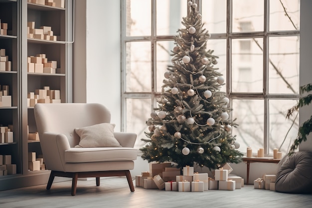 Kostenloses Foto weihnachtsbaum und sessel im wohnzimmer