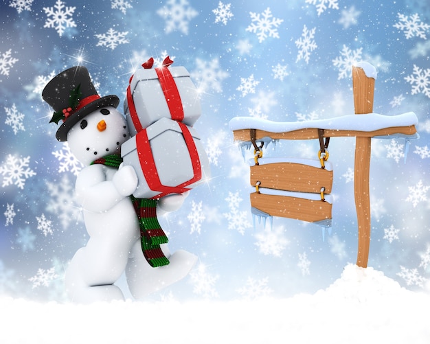 Weihnachtshintergrund des Schneemanns, der Geschenke mit schneebedecktem Zeichen trägt