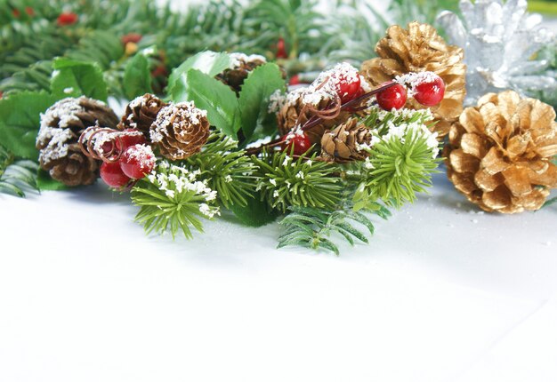 Weihnachtshintergrund mit Beeren und Tannenzapfen