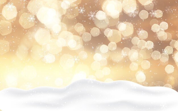 Weihnachtshintergrund mit goldenen Bokeh-Lichtern und Schnee