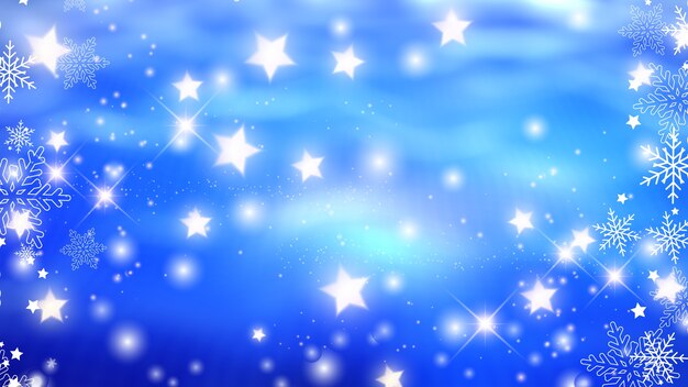 Weihnachtshintergrund mit Schneeflocken und leuchtenden Sternenentwürfen