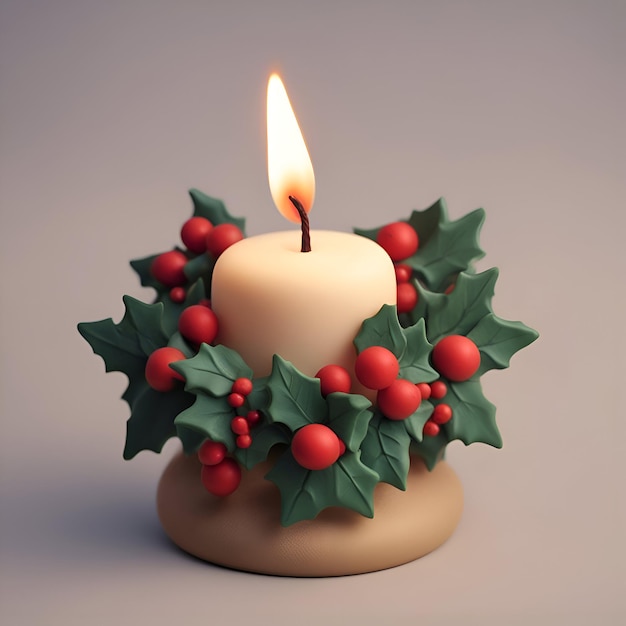 Weihnachtskerze mit Stechpalmenblättern und Beeren 3D-Illustration
