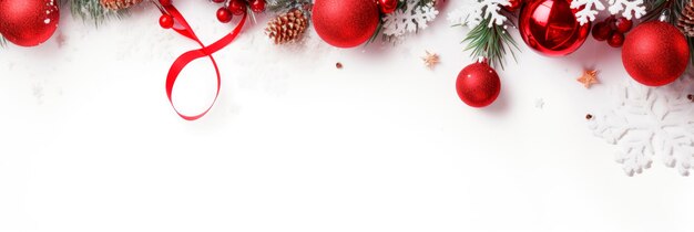 Weihnachtskomposition mit Geschenken, Tannenzweigen, roten Dekorationen auf weißem Hintergrund, Weihnachtswinter-Neujahrskonzept, Draufsicht, Kopierraum