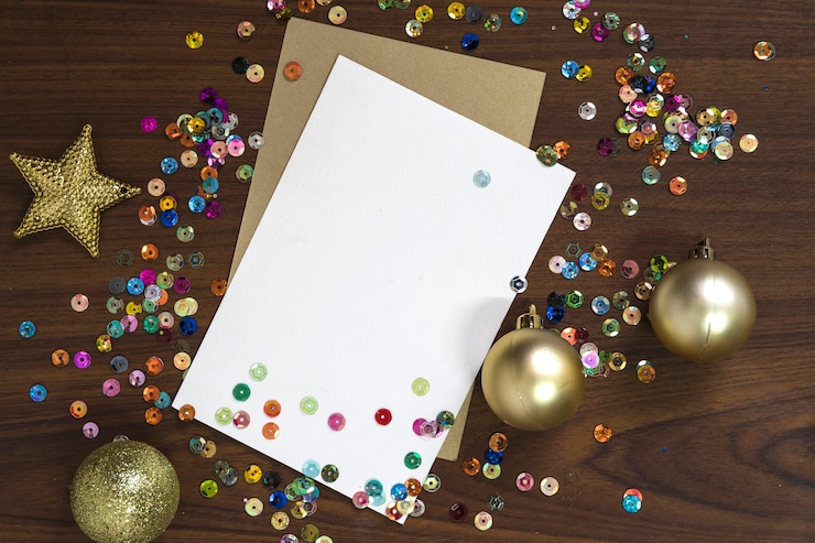 Kostenlose Foto weihnachtskonzept mit papier und konfetti