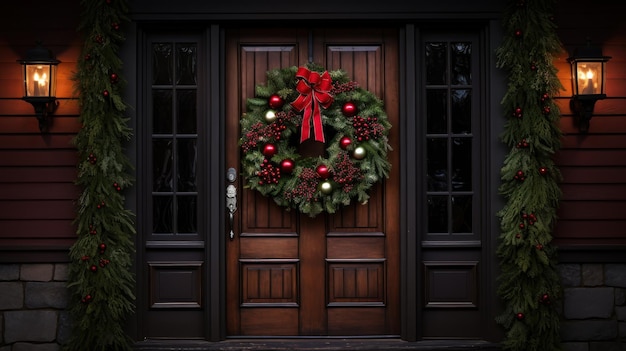 Weihnachtskranz hängt an einer Tür mit Platz daneben für festliche Grüße
