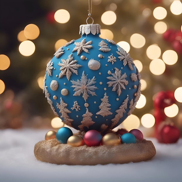 Weihnachtskugeldekoration auf Schnee mit Bokeh-Lichtern im Hintergrund