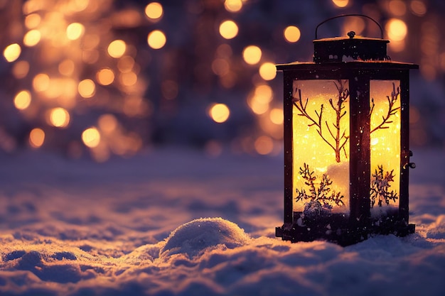 Weihnachtslaterne mit Tannenzweig und Dekoration auf schneebedecktem Tisch defokussierter Hintergrund generative ai