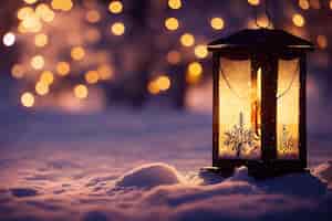 Kostenloses Foto weihnachtslaterne mit tannenzweig und dekoration auf schneebedecktem tisch defokussierter hintergrund generative ai