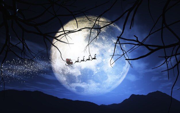 Weihnachtsmann und sein Pferdeschlitten fliegen in einem mondbeschienenen Himmel