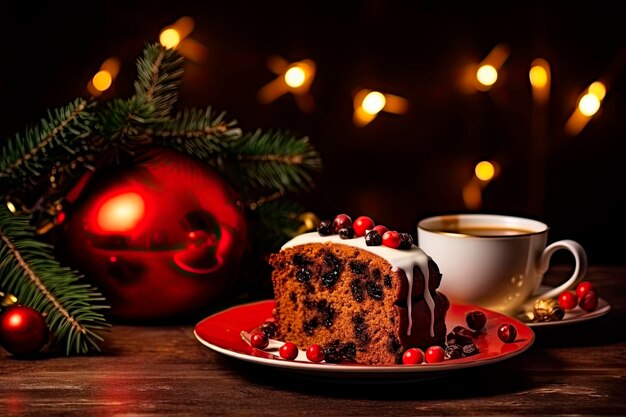 Weihnachtspudding-Obstkuchen auf weihnachtlichem Dekorationshintergrund. Traditionelles festliches Dessert