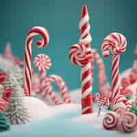 Kostenloses Foto weihnachtszuckerstangen und tannenbäume im schnee 3d-illustration