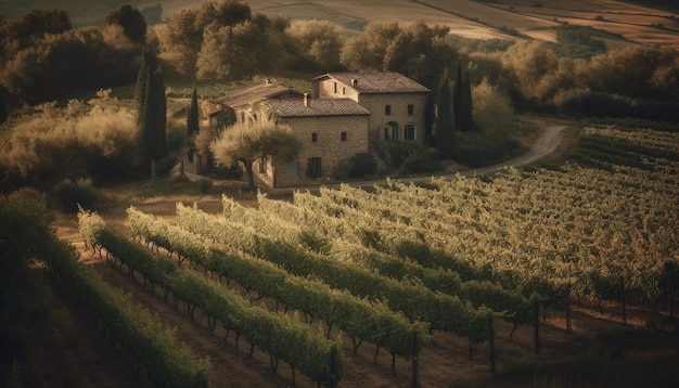 Weinberglandschaft, ruhiger Sonnenuntergang, rustikale Weinbaukultur, generiert durch KI