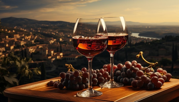 Weintraubenalkohol mit Tafelweinglas, Getränk, Weingut, Weinberg, Sonnenuntergang, erzeugt durch künstliche Intelligenz