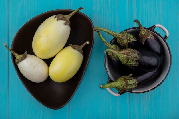 Weiße Aubergine der Draufsicht in einer Schüssel mit schwarzer Aubergine in einem Topf auf türkisfarbenem Hintergrund