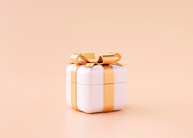 Weiße Geschenkbox mit goldenem Band vorhanden Überraschung Cartoon auf gelbem Hintergrund 3D-Darstellung