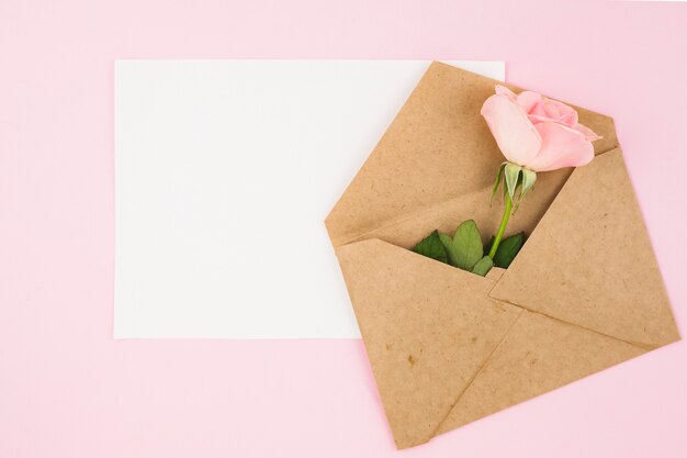 Weiße leere Karte und brauner Umschlag mit Rose auf rosa Hintergrund