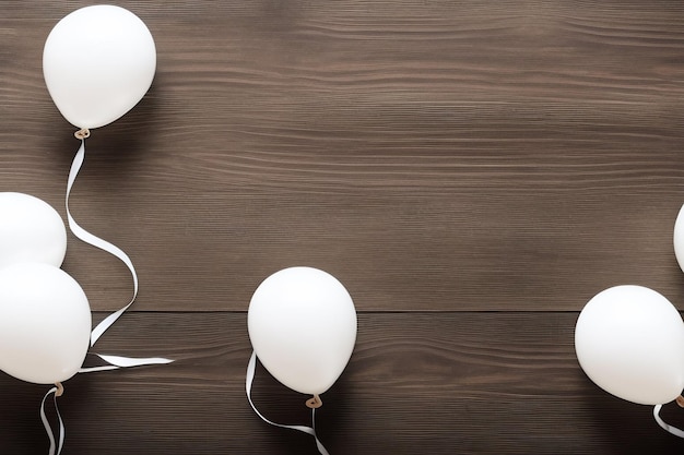 Kostenloses Foto weiße luftballons auf einem holztisch mit einem etikett mit der aufschrift 