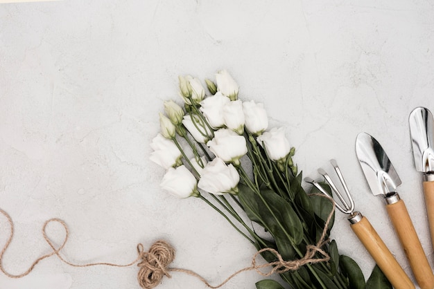 Weiße Rosen der Draufsicht und Gartenarbeitwerkzeuge mit Seil