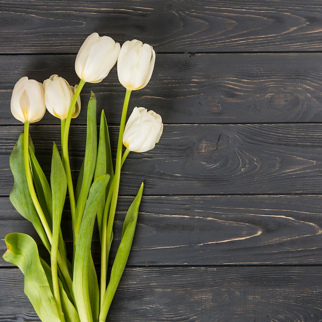 Weiße Tulpenblumen auf dunklem Holztisch