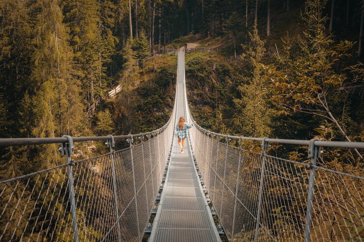Kostenlose Foto weiße und braune hängebrücke, die tagsüber von grünen bäumen umgeben ist