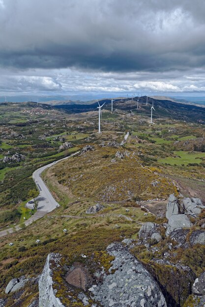 Weiße Windturbinen auf einem großen Grünland