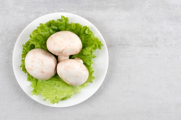 Weißer Teller mit frischen weißen Pilzen und Salat auf Steintisch.