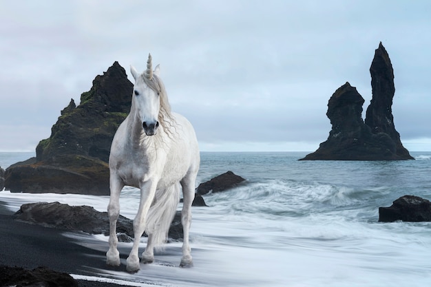 Weißes Einhorn im Freien am Strand