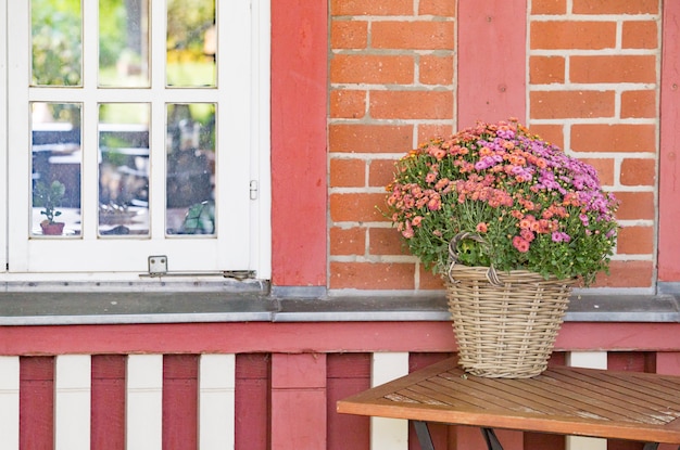 Weißes Fenster und Blumen.