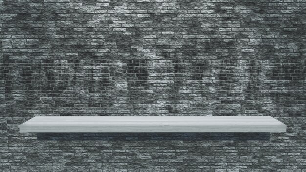 weißes hölzernes Regal auf einer grunge Backsteinmauer