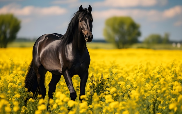 Kostenloses Foto weißes pferd auf blumiger weide