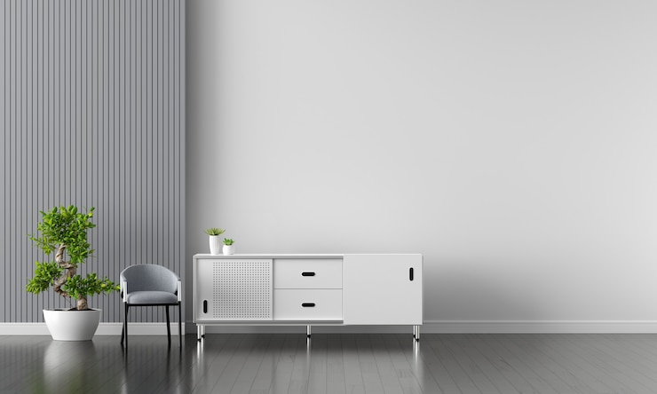 Kostenlose Foto weißes sideboard im wohnzimmer mit kopienraum