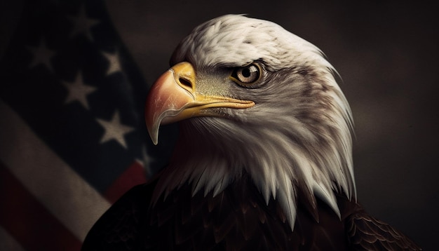 Weißkopfseeadler, der stolz auf die von KI generierte amerikanische Flagge starrt