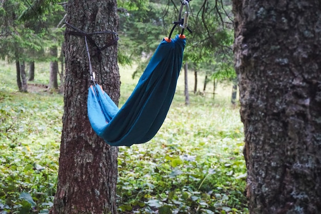 Weitwinkelaufnahme einer Hängematte zwischen zwei Bäumen auf einem Campingplatz an einem kühlen Tag