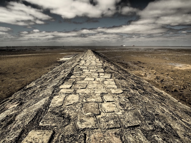 Kostenloses Foto weitwinkelaufnahme eines gehwegs aus stein, umgeben von der wüste