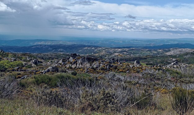 Weitwinkelaufnahme eines großen felsigen und grasbewachsenen Feldes mit Wolken am Himmel