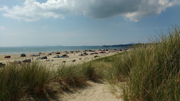 Weitwinkelaufnahme eines Strandes mit geparkten Autos an einem wolkigen Tag