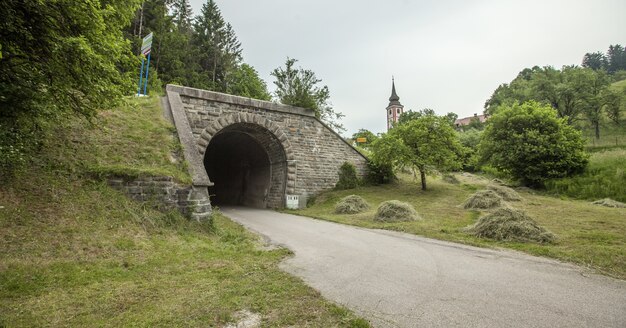 Weitwinkelaufnahme eines Tunnels einer alten Eisenbahn auf Slowenien an einem wolkigen Tag