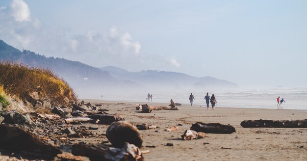 Weitwinkelaufnahme von Menschen, die tagsüber am Strandufer mit Bergen in der Ferne gehen