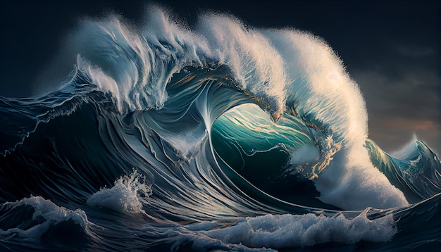 Welle stürzt an der blauen Küste ab und spritzt gefährliche generative KI