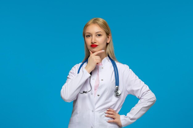 Weltärztetag denkender blonder junger Arzt mit dem Stethoskop im Laborkittel