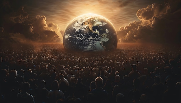 Weltball umgeben von Menschen