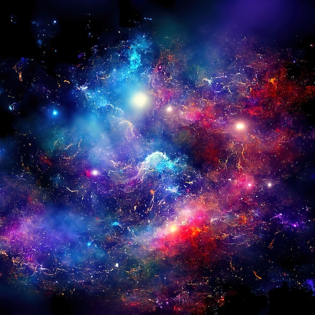 Weltraumhintergrund mit Sternenstaub und leuchtenden Sternen Realistischer bunter Kosmos mit Nebel und Milchstraße