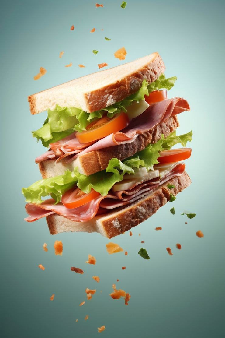 Kostenlose Foto werbung für lebensmittel mit schwimmendem sandwich